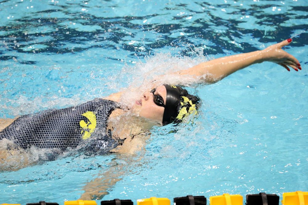 IowaÕs Julia Koluch swims the backstroke leg of the 200 Medley Relay against Notre Dame and Illinois Saturday, January 11, 2020 at the Campus Recreation and Wellness Center.  (Brian Ray/hawkeyesports.com)