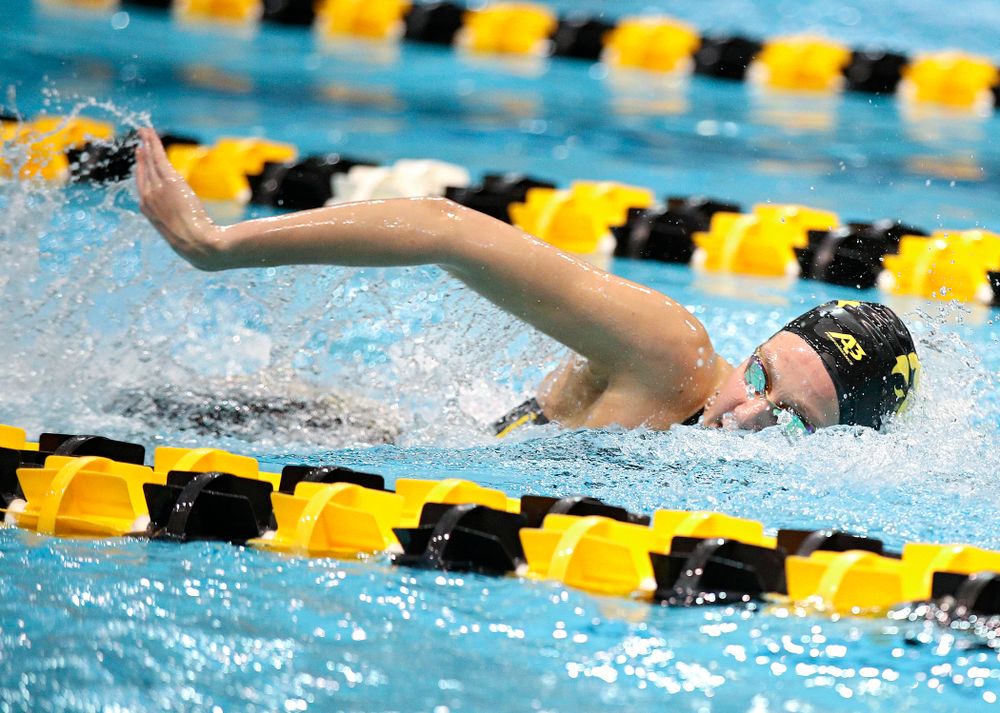 Iowa’s Macy Rink swims the 800 yard freestyle relay event during the 2020 Big Ten Women’s Swimming and Diving Championships at the Campus Recreation and Wellness Center in Iowa City on Wednesday, February 19, 2020. (Stephen Mally/hawkeyesports.com)