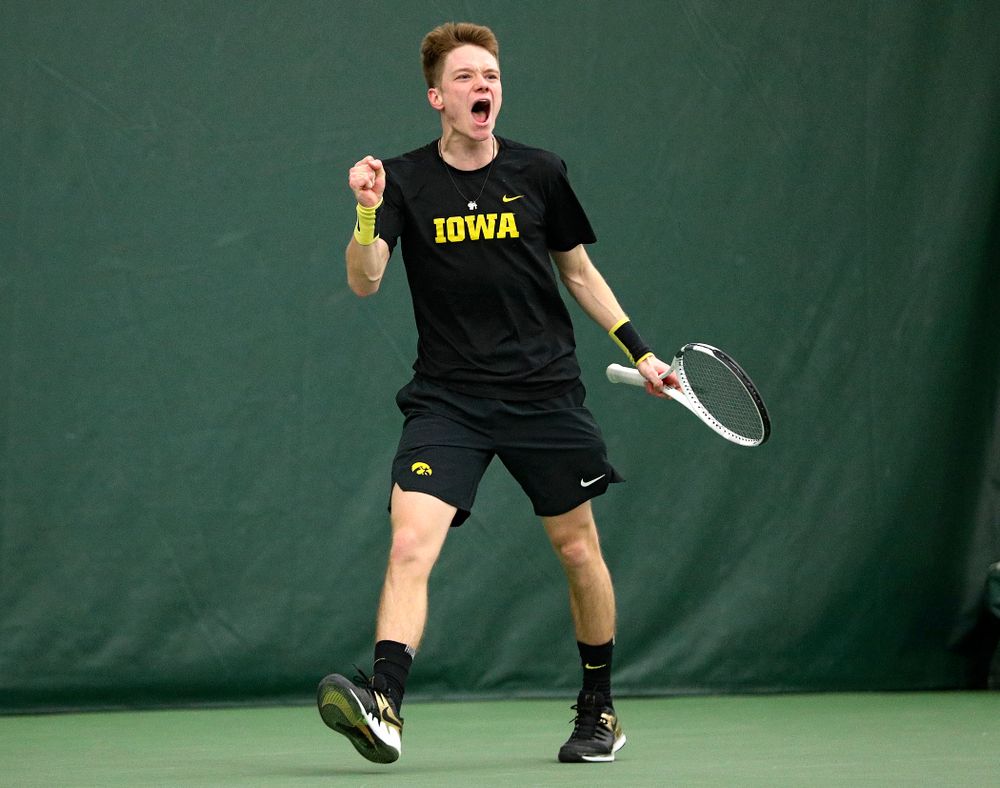 Iowa’s Jason Kerst during his singles match at the Hawkeye Tennis and Recreation Complex in Iowa City on Friday, February 14, 2020. (Stephen Mally/hawkeyesports.com)
