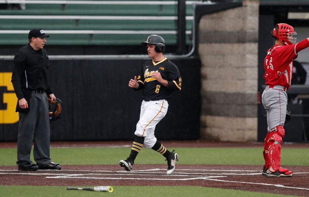 Iowa Hawkeyes outfielder Justin Jenkins (6) against the Bradley Braves Wednesday, March 28, 2018 at Duane Banks Field. (Brian Ray/hawkeyesports.com)