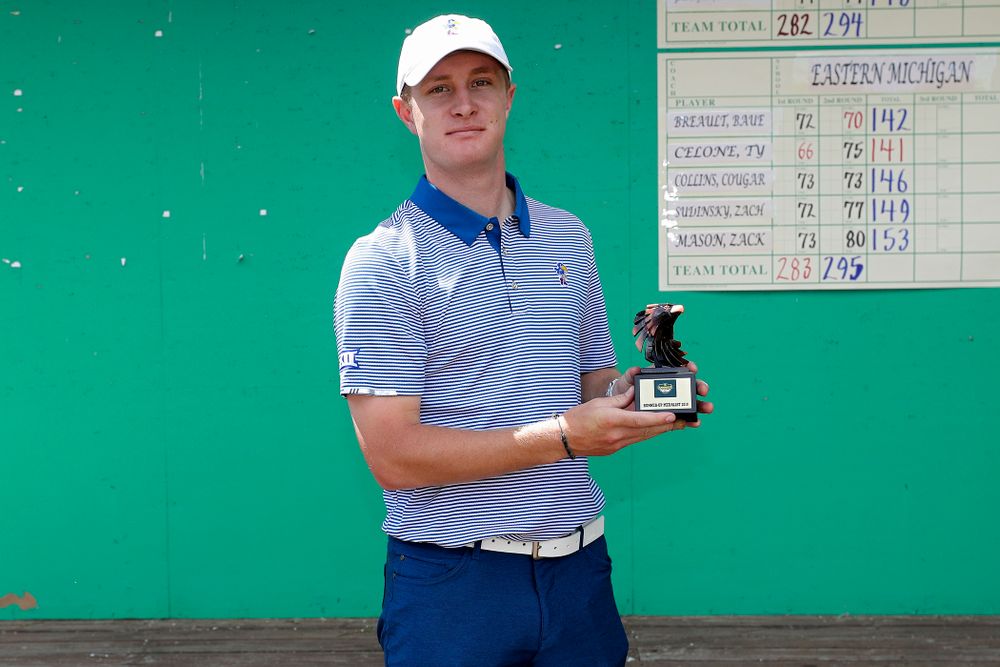 Kansas' Charlie Hillier holds his runner-up trophy after the third round of the Hawkeye Invitational at Finkbine Golf Course in Iowa City on Sunday, Apr. 21, 2019. (Stephen Mally/hawkeyesports.com)
