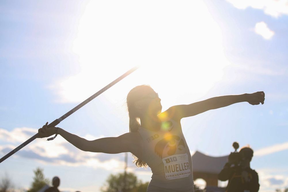 Iowa's Marissa Mueller throws during the women's javelin throw at the Big Ten Outdoor Track and Field Championships at Francis X. Cretzmeyer Track on Friday, May 10, 2019. (Lily Smith/hawkeyesports.com)