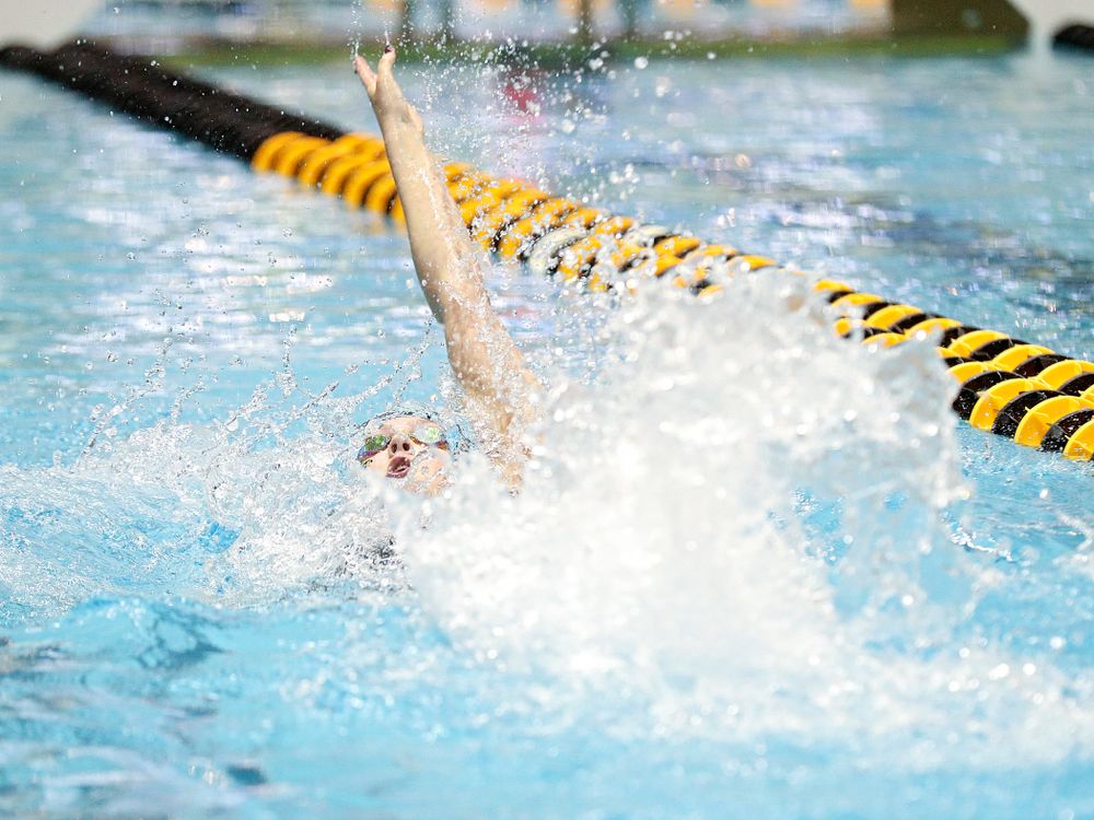 Iowa’s Emilia Sansome swims the backstroke section of the women’s 400 yard medley relay event during the 2020 Women’s Big Ten Swimming and Diving Championships at the Campus Recreation and Wellness Center in Iowa City on Thursday, February 20, 2020. (Stephen Mally/hawkeyesports.com)