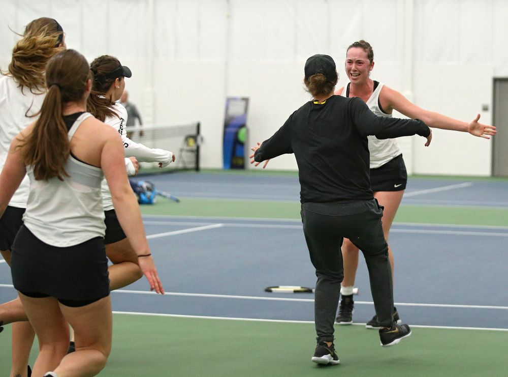 Iowa’s Samantha Mannix celebrates after winning her singles match at the Hawkeye Tennis and Recreation Complex in Iowa City on Sunday, February 23, 2020. (Stephen Mally/hawkeyesports.com)
