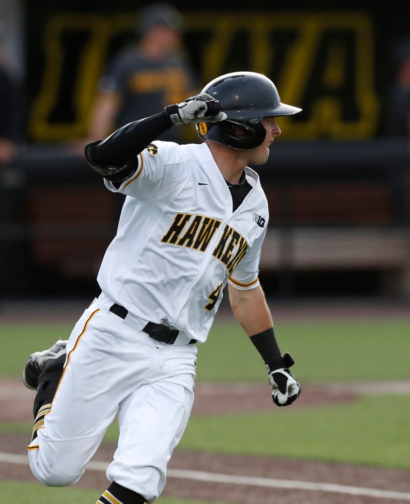 Iowa Hawkeyes infielder Mitchell Boe (4) hits a home run against the Missouri Tigers Tuesday, May 1, 2018 at Duane Banks Field. (Brian Ray/hawkeyesports.com)