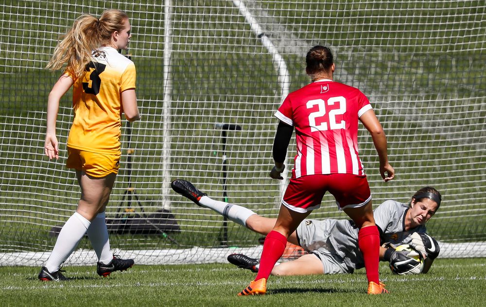 Iowa Hawkeyes goalkeeper Cora Meyers (00) makes a save during a game against Indiana at the Iowa Soccer Complex on September 23, 2018. (Tork Mason/hawkeyesports.com)