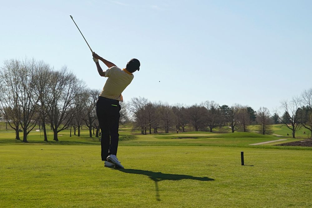 Iowa's Joe Kim tees off during the third round of the Hawkeye Invitational at Finkbine Golf Course in Iowa City on Sunday, Apr. 21, 2019. (Stephen Mally/hawkeyesports.com)