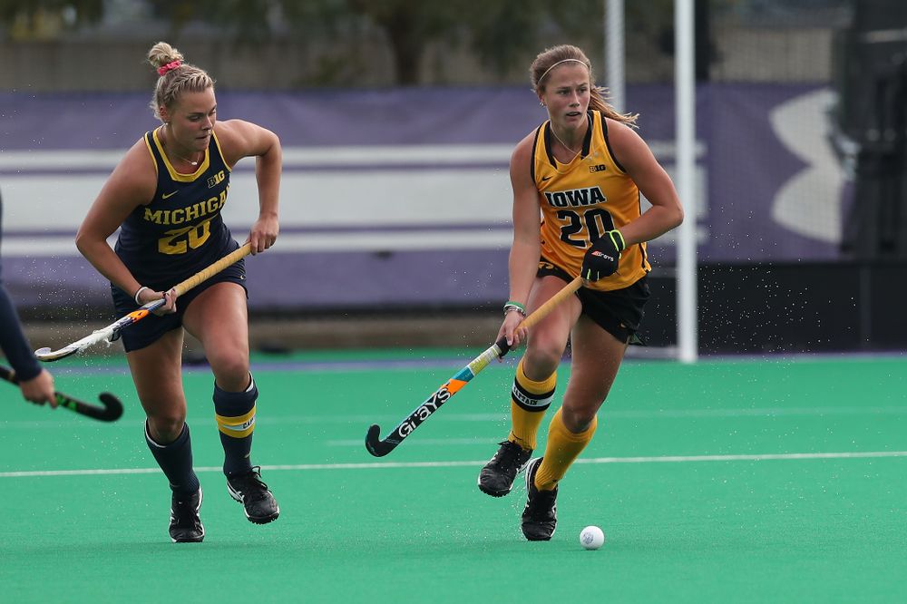 Iowa Hawkeyes Sophie Sunderland (20) against the Michigan Wolverines in the semi-finals of the Big Ten Tournament Friday, November 2, 2018 at Lakeside Field on the campus of Northwestern University in Evanston, Ill. (Brian Ray/hawkeyesports.com)