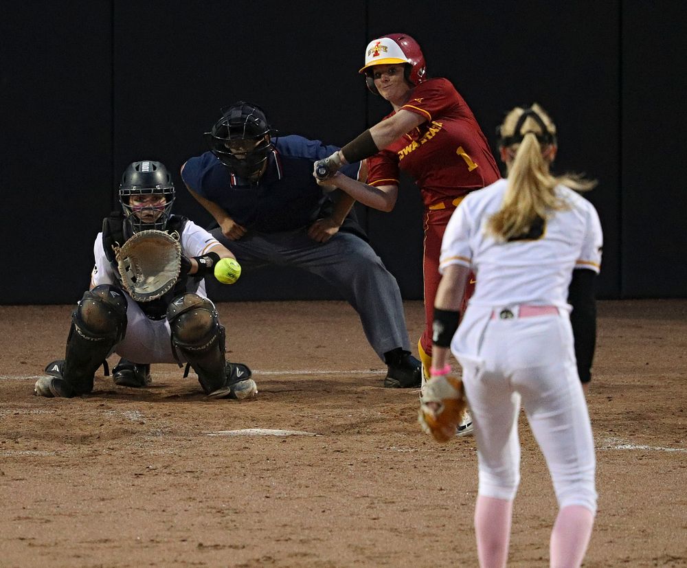 Iowa pitcher Allison Doocy (3) delivers to catcher Abby Lien (9) for a strikeout during the sixth inning of their game against Iowa State at Pearl Field in Iowa City on Tuesday, Apr. 9, 2019. (Stephen Mally/hawkeyesports.com)