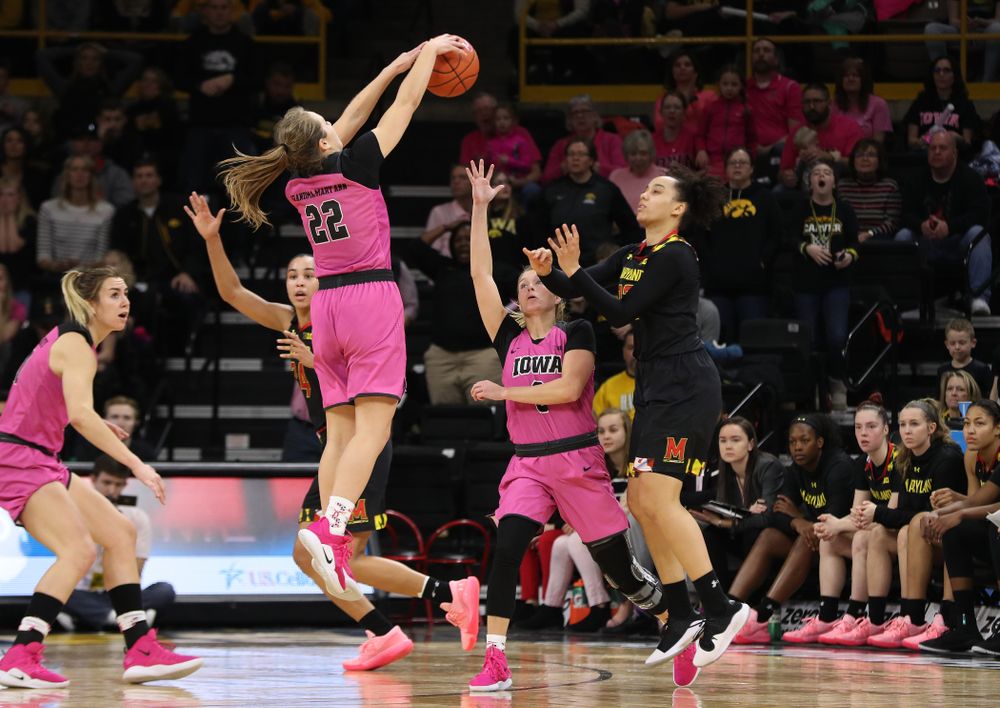 Iowa Hawkeyes guard Kathleen Doyle (22) deflects a pass against the seventh ranked Maryland Terrapins Sunday, February 17, 2019 at Carver-Hawkeye Arena. (Brian Ray/hawkeyesports.com)