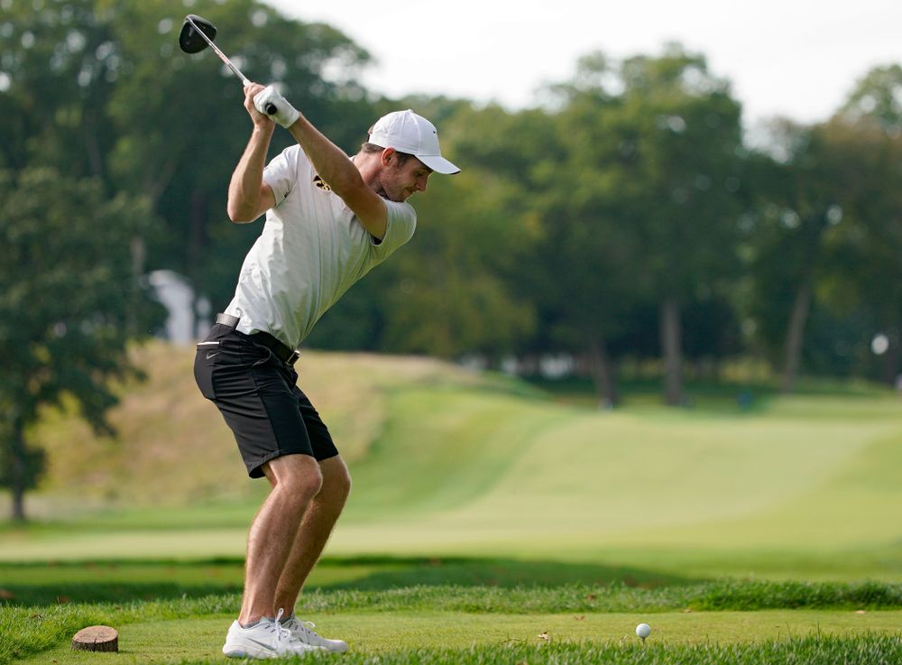 Iowa’s Jake Rowe tees off during the second day of the Golfweek Conference Challenge at the Cedar Rapids Country Club in Cedar Rapids on Monday, Sep 16, 2019. (Stephen Mally/hawkeyesports.com)
