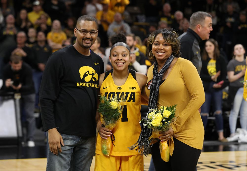 Iowa Hawkeyes guard Tania Davis (11) during senior day ceremonies following their game against the Northwestern Wildcats Sunday, March 3, 2019 at Carver-Hawkeye Arena. (Brian Ray/hawkeyesports.com)