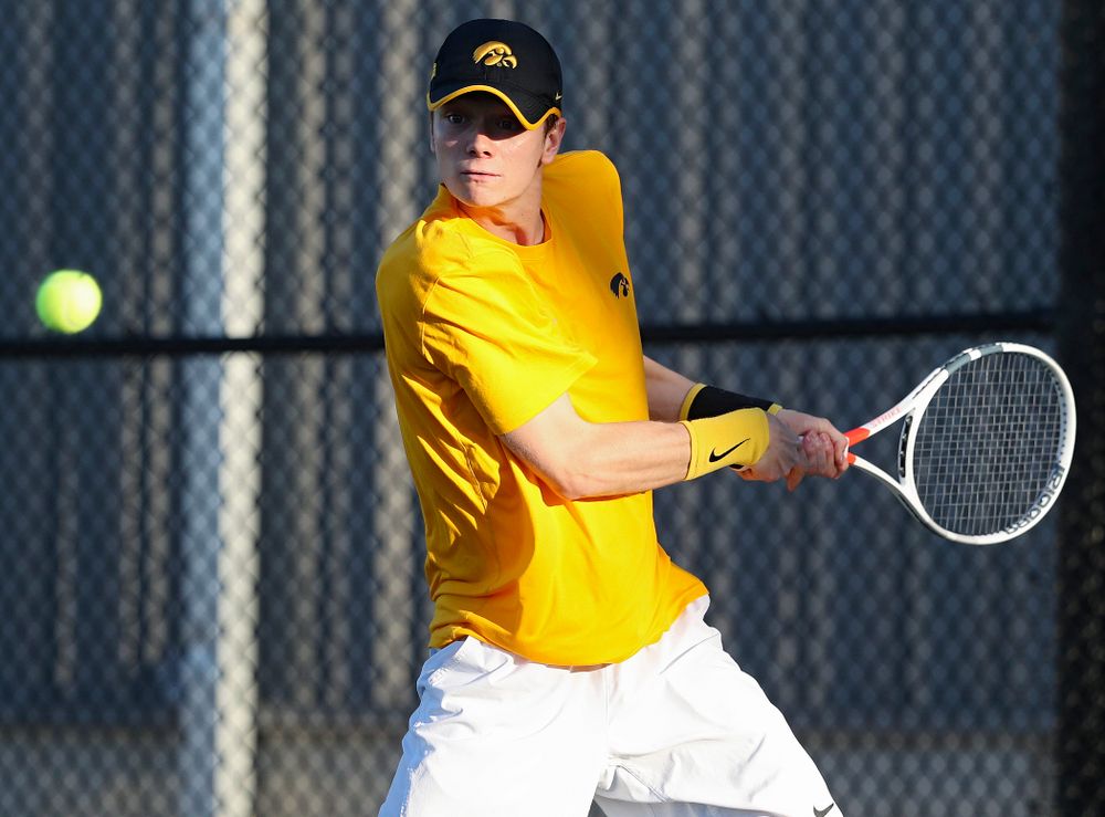 Iowa's Jason Kerst during his match again Michigan State at the Hawkeye Tennis and Recreation Complex in Iowa City on Friday, Apr. 19, 2019. (Stephen Mally/hawkeyesports.com)