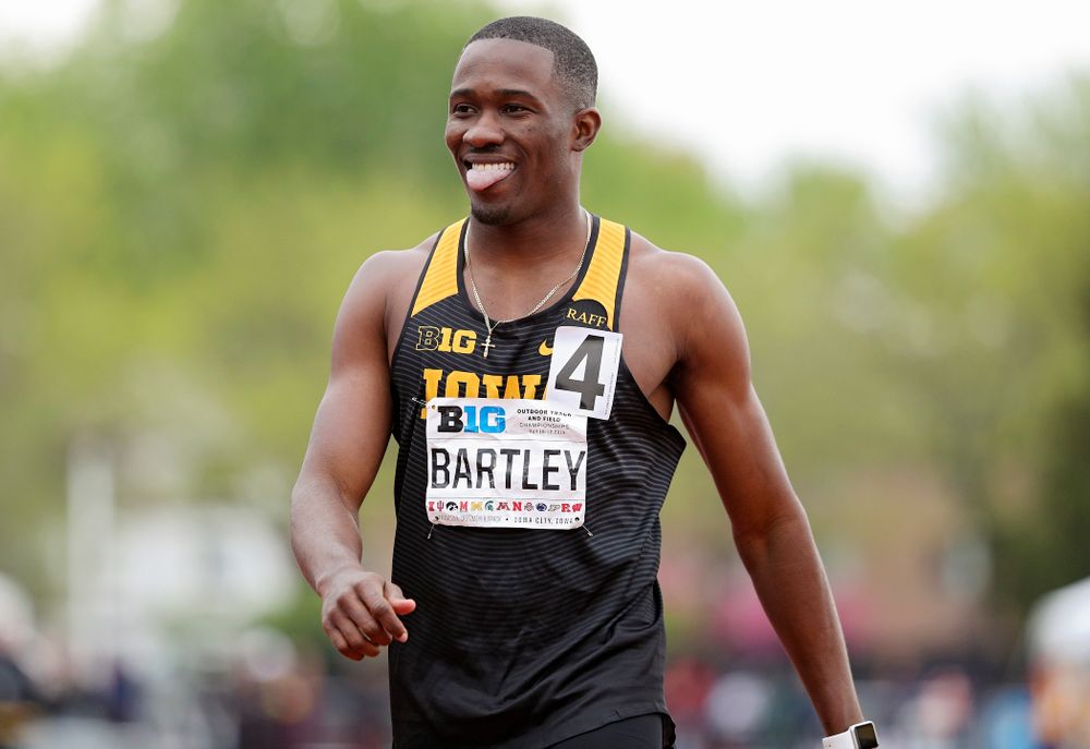 Iowa's Karayme Bartley sticks out his tongue after winning his heat of the men’s 400 meter dash event on the second day of the Big Ten Outdoor Track and Field Championships at Francis X. Cretzmeyer Track in Iowa City on Saturday, May. 11, 2019. (Stephen Mally/hawkeyesports.com)