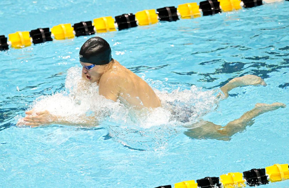 Iowa’s Anze Fers Erzen swims the men’s 100 yard individual medley event during their meet at the Campus Recreation and Wellness Center in Iowa City on Friday, February 7, 2020. (Stephen Mally/hawkeyesports.com)
