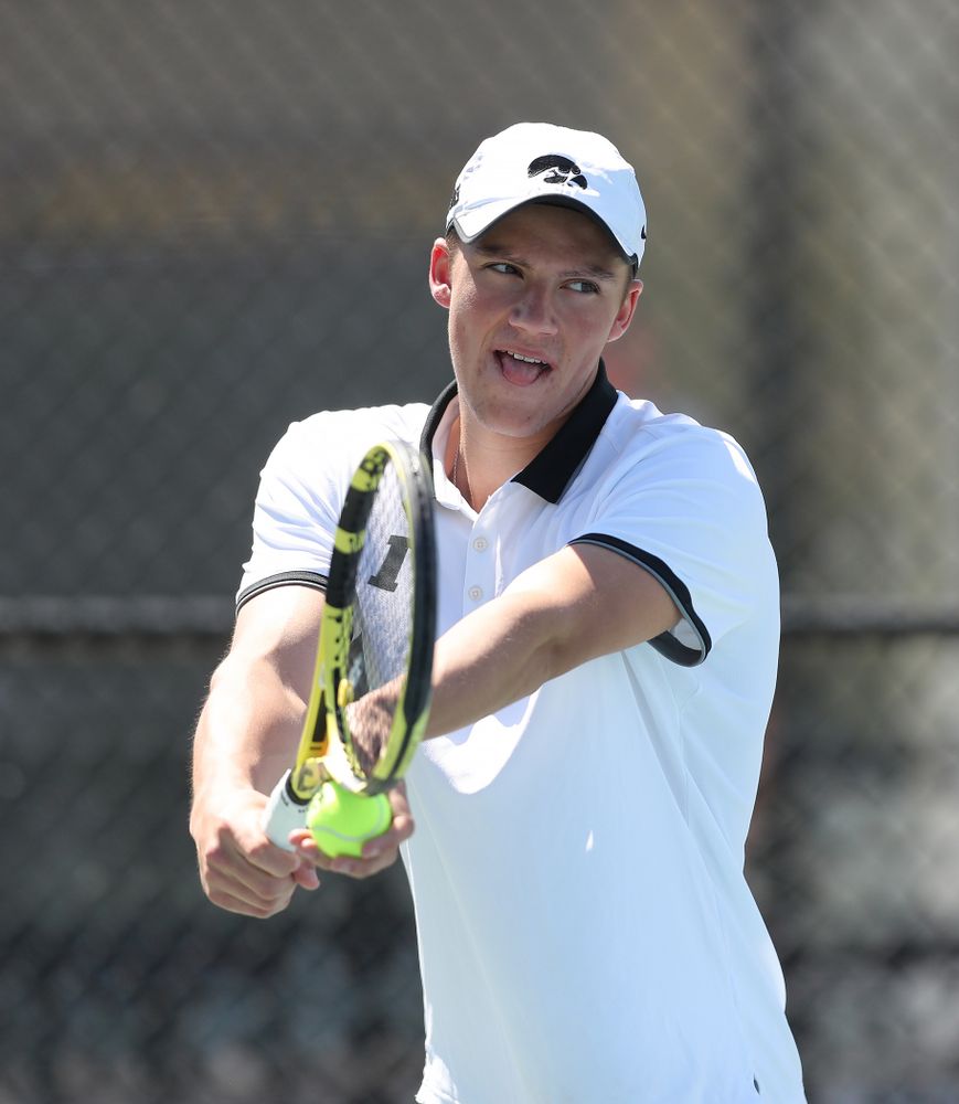 IowaÕs Joe Tyler against the Michigan Wolverines Sunday, April 21, 2019 at the Hawkeye Tennis and Recreation Complex. (Brian Ray/hawkeyesports.com)
