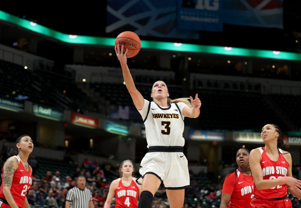 Iowa Hawkeyes guard Makenzie Meyer (3) against Ohio State in the quarterfinals of the Big Ten Basketball Tournament Friday, March 6, 2020 at Bankers Life Fieldhouse in Indianapolis. (Brian Ray/hawkeyesports.com)