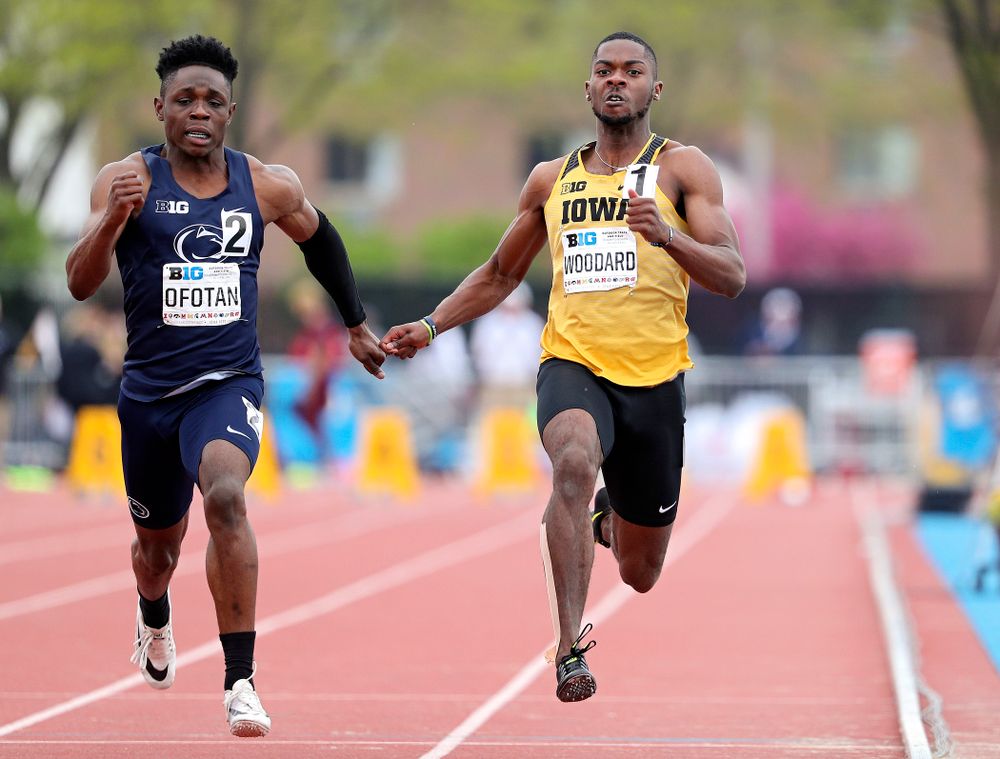 Iowa's Antonio Woodard runs the men’s 100 meter dash event on the third day of the Big Ten Outdoor Track and Field Championships at Francis X. Cretzmeyer Track in Iowa City on Sunday, May. 12, 2019. (Stephen Mally/hawkeyesports.com)