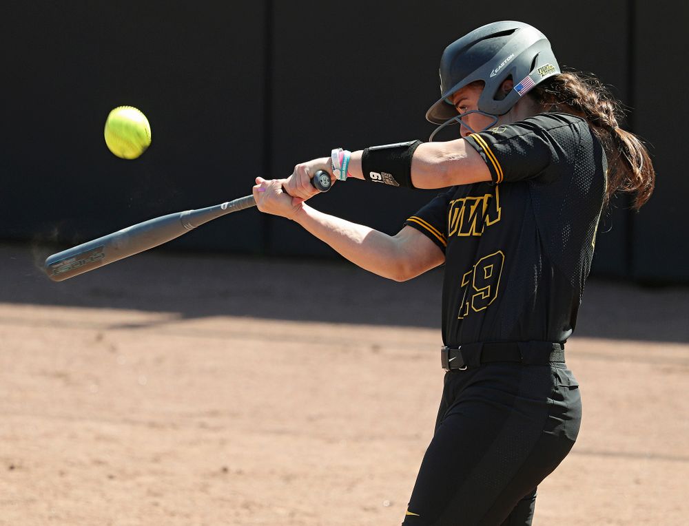 Iowa pinch hitter Elizabeth DeShields (19) bats during the fifth inning of their game against Ohio State at Pearl Field in Iowa City on Saturday, May. 4, 2019. (Stephen Mally/hawkeyesports.com)