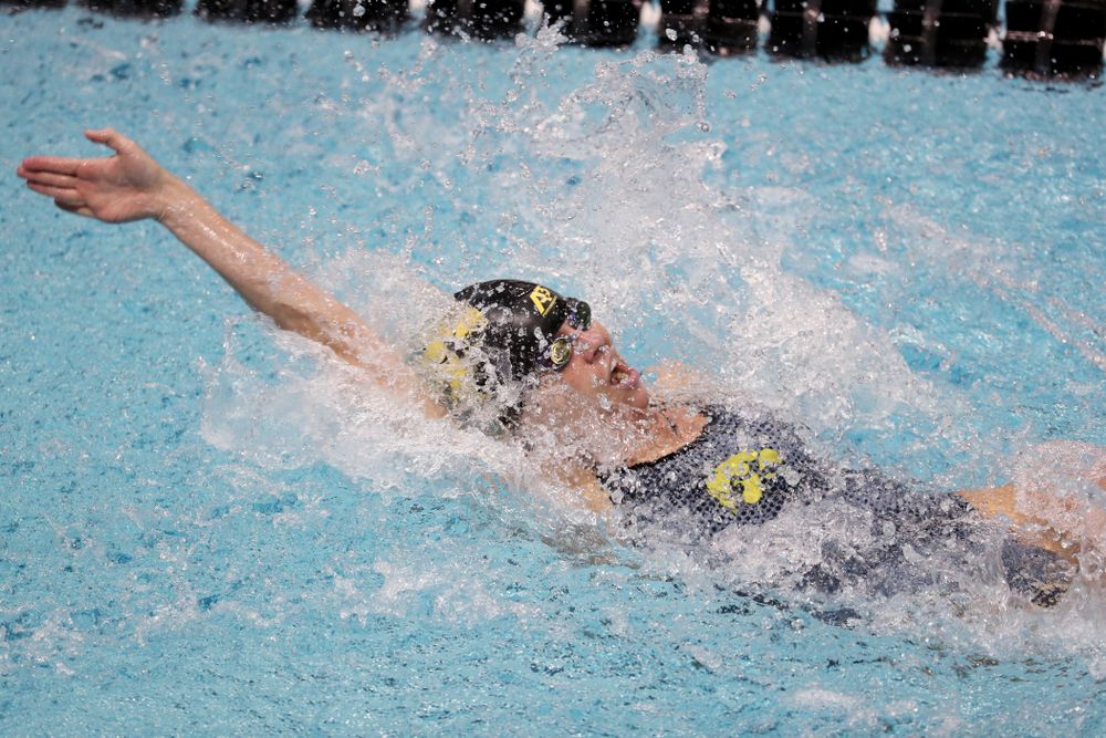 IowaÕs Kennedy Gilbertson swims the backstroke leg of the 200 Medley Relay against Notre Dame and Illinois Saturday, January 11, 2020 at the Campus Recreation and Wellness Center.  (Brian Ray/hawkeyesports.com)