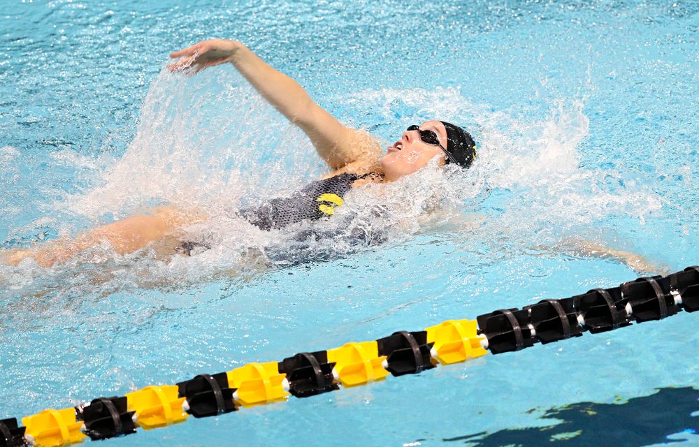 Iowa’s Samantha Sauer swims the women’s 50 yard backstroke event during their meet at the Campus Recreation and Wellness Center in Iowa City on Friday, February 7, 2020. (Stephen Mally/hawkeyesports.com)