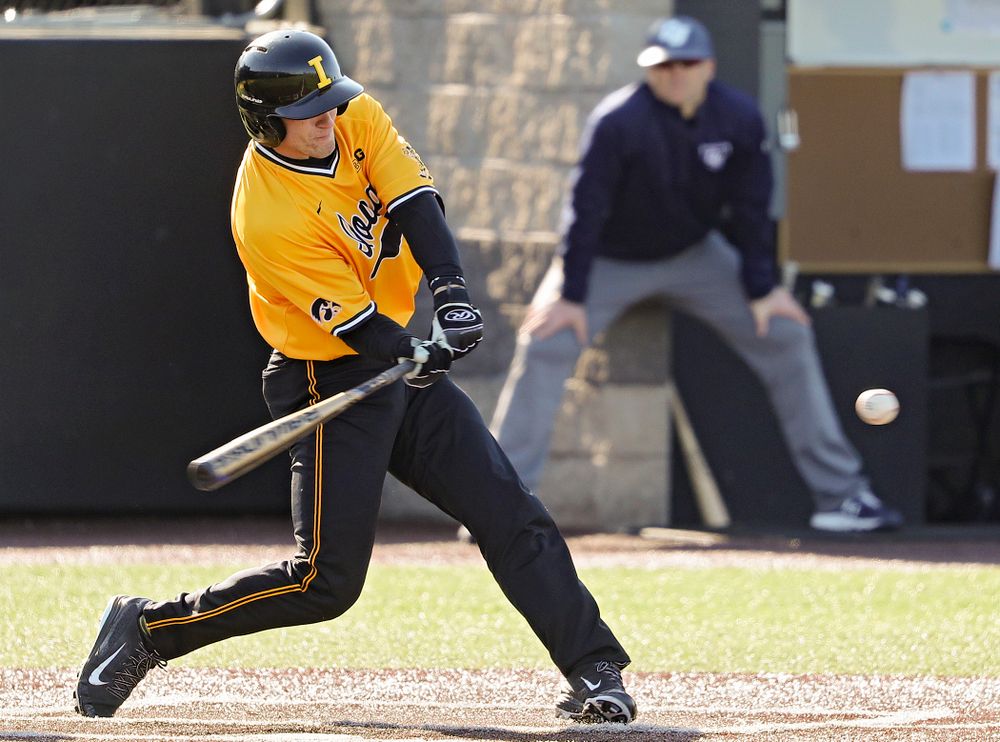 Iowa Hawkeyes designated hitter Austin Martin (34) bats during the second inning of their game at Duane Banks Field in Iowa City on Tuesday, Apr. 2, 2019. (Stephen Mally/hawkeyesports.com)