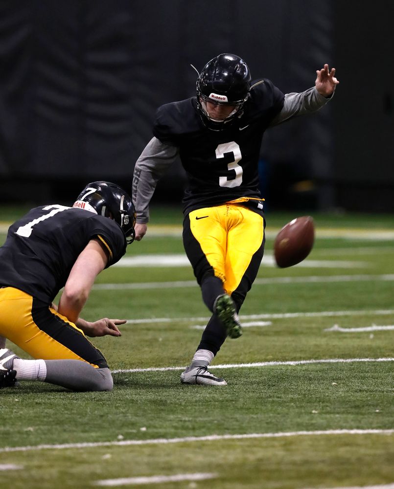 Iowa Hawkeyes place kicker Keith Duncan (3) during spring practice No. 13 Wednesday, April 18, 2018 at the Hansen Football Performance Center. (Brian Ray/hawkeyesports.com)