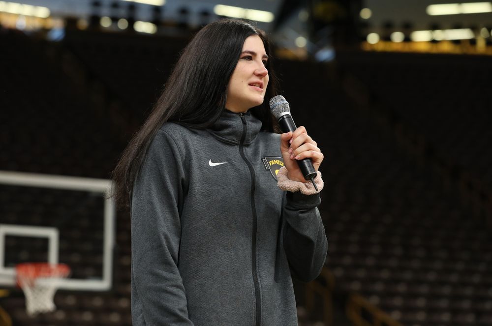 Iowa Hawkeyes forward Megan Gustafson (10) speaks after finding out her jersey will be retired at a ceremony next season during the teamÕs Celebr-Eight event Wednesday, April 24, 2019 at Carver-Hawkeye Arena. (Brian Ray/hawkeyesports.com)
