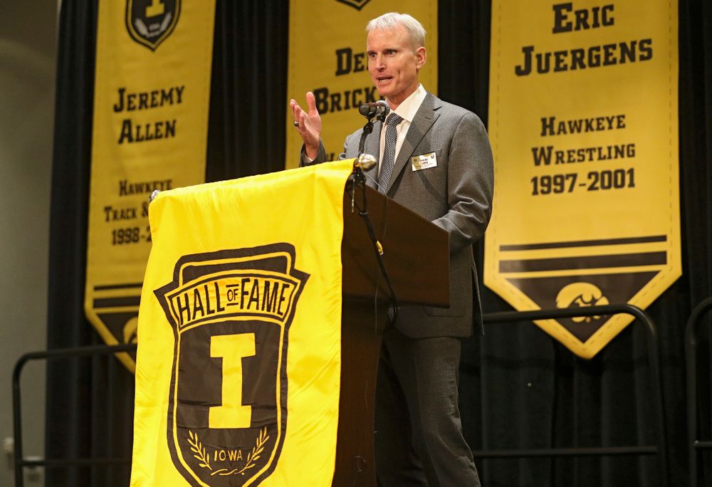 2019 University of Iowa Athletics Hall of Fame inductee Marc Long speaks during the Hall of Fame Induction Ceremony at the Coralville Marriott Hotel and Conference Center in Coralville on Friday, Aug 30, 2019. (Stephen Mally/hawkeyesports.com)