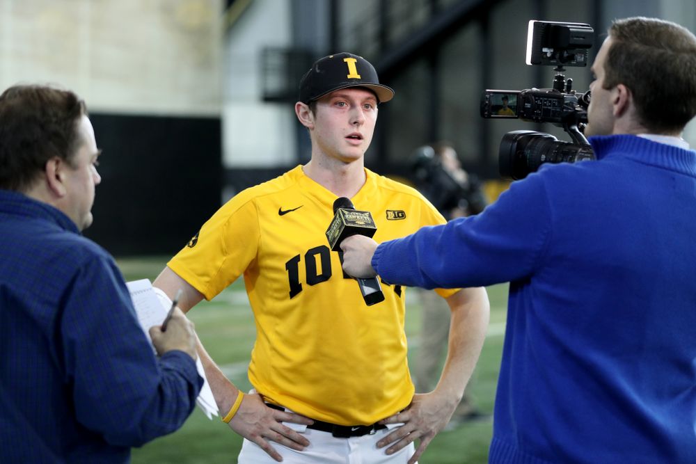 Iowa Hawkeyes Trenton Wallace (38) answers questions from reporters during their annual media day Thursday, February 6, 2020 at the Indoor Practice Facility. (Brian Ray/hawkeyesports.com)