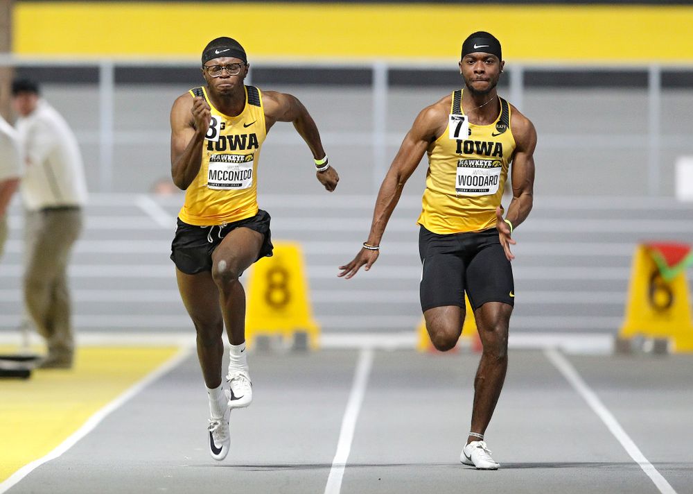 Iowa’s Jaylan McConico (from left) and Antonio Woodard run the men’s 60 meter dash event during the Hawkeye Invitational at the Recreation Building in Iowa City on Saturday, January 11, 2020. (Stephen Mally/hawkeyesports.com)