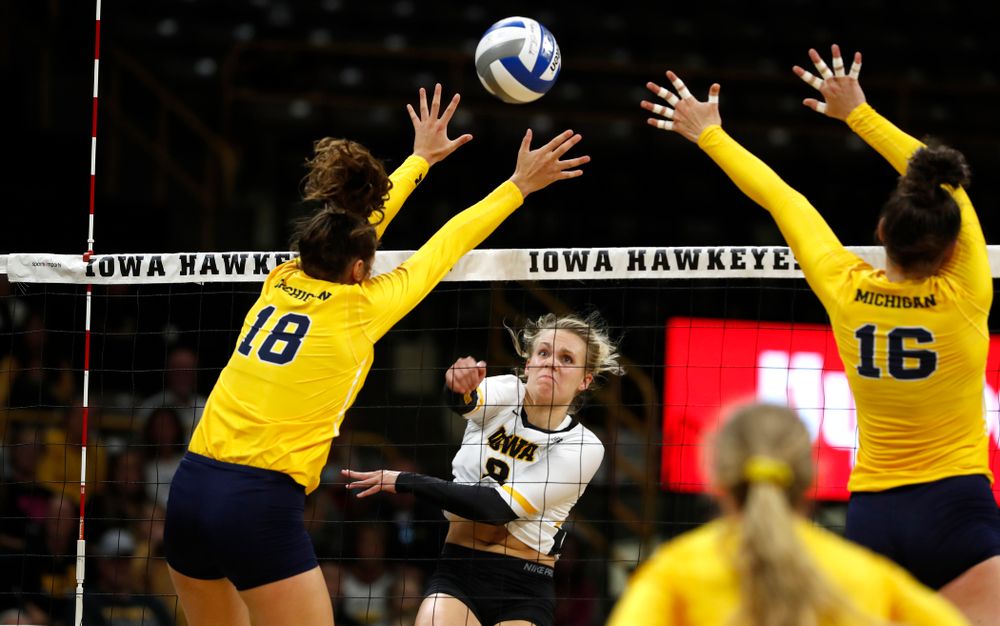 Iowa Hawkeyes right side hitter Reghan Coyle (8) against the Michigan Wolverines Sunday, September 23, 2018 at Carver-Hawkeye Arena. (Brian Ray/hawkeyesports.com)