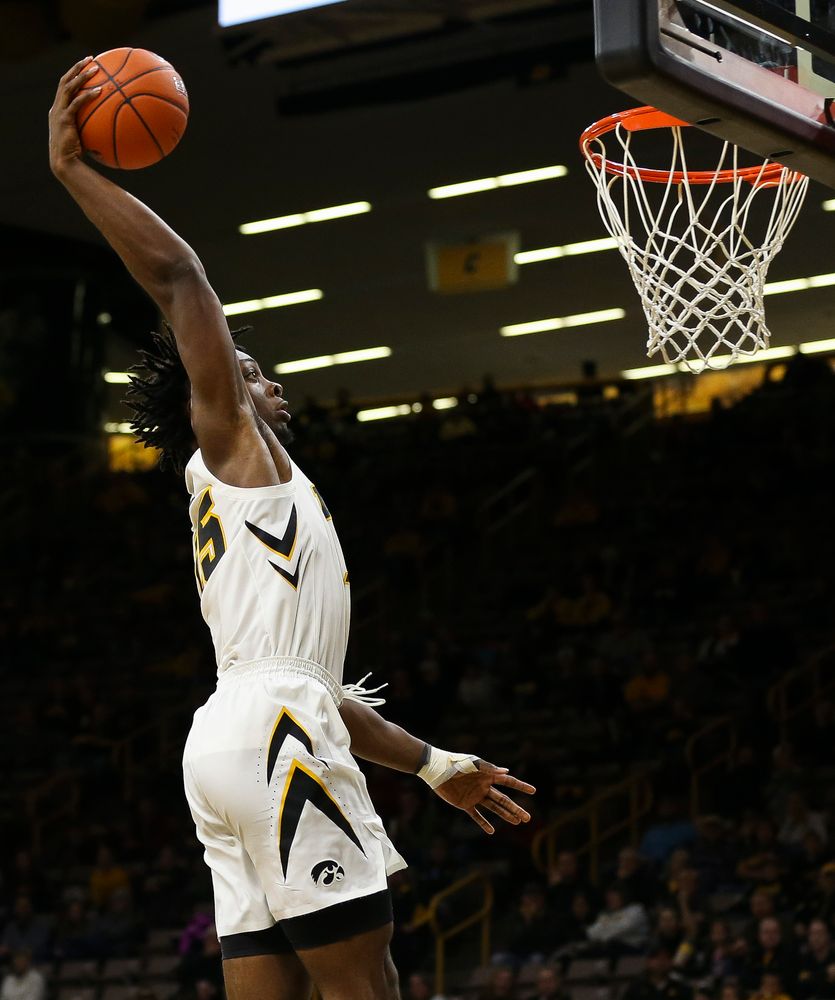 Iowa Hawkeyes forward Tyler Cook (25) dunks the ball during a game against Guilford College at Carver-Hawkeye Arena on November 4, 2018. (Tork Mason/hawkeyesports.com)