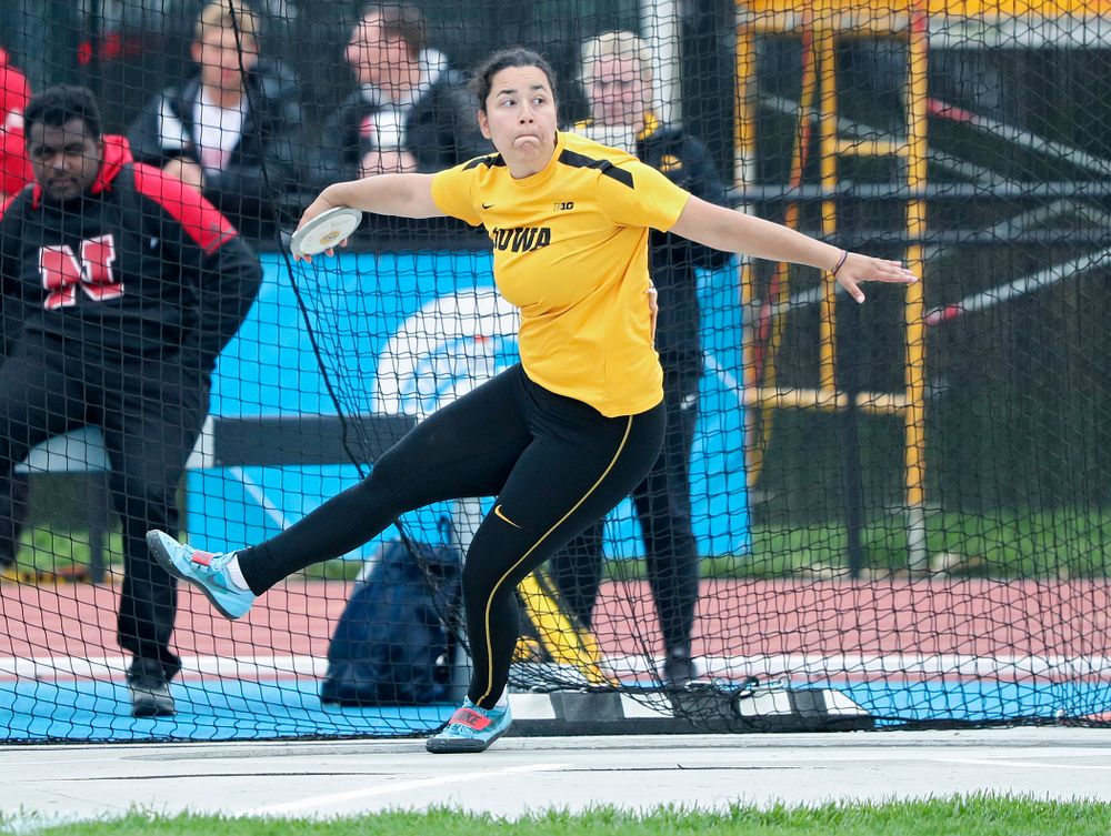 Iowa's Konstadina Spanoudakis throws in the women’s discus event on the third day of the Big Ten Outdoor Track and Field Championships at Francis X. Cretzmeyer Track in Iowa City on Sunday, May. 12, 2019. (Stephen Mally/hawkeyesports.com)