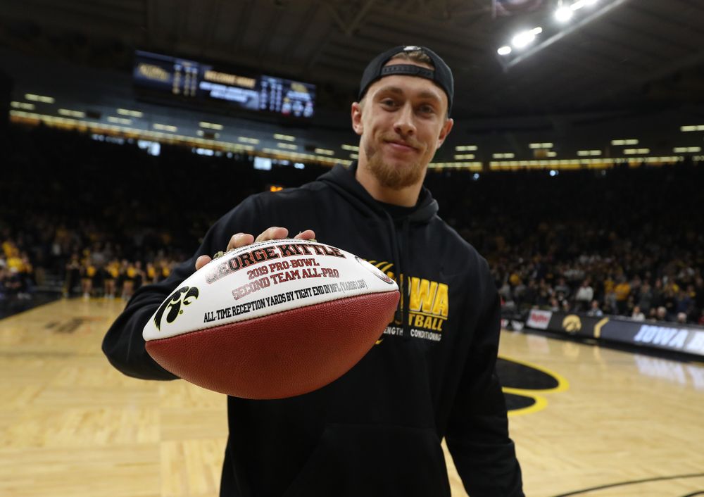 Former Hawkeye Football player and San Francisco 49ers Pro Bowl tight end George Kittle against the Ohio State Buckeyes Saturday, January 12, 2019 at Carver-Hawkeye Arena. (Brian Ray/hawkeyesports.com)