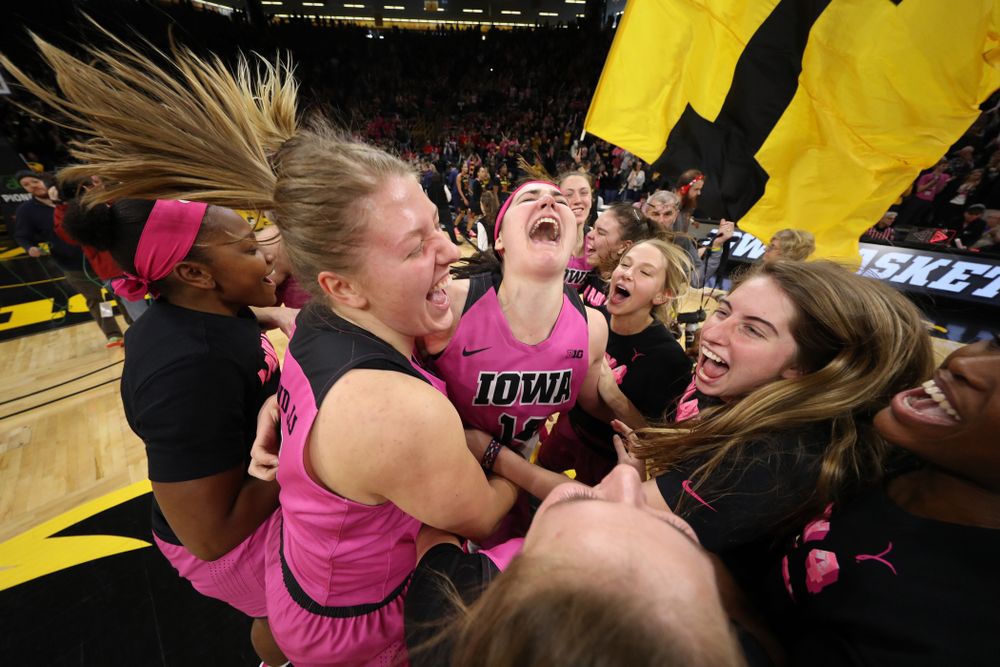 The Iowa Hawkeyes celebrate their victory over the seventh ranked Maryland Terrapins Sunday, February 17, 2019 at Carver-Hawkeye Arena. (Brian Ray/hawkeyesports.com)