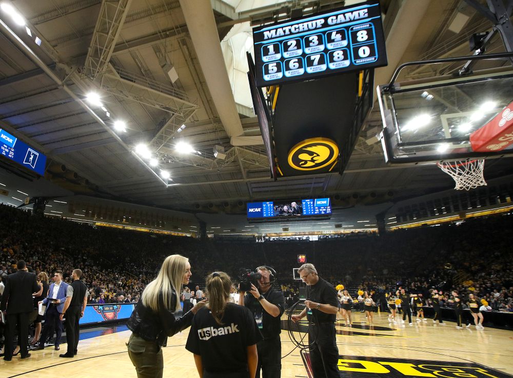 The matchup game on the video board between the first and second quarter of their second round game in the 2019 NCAA Women's Basketball Tournament at Carver Hawkeye Arena in Iowa City on Sunday, Mar. 24, 2019. (Stephen Mally for hawkeyesports.com)