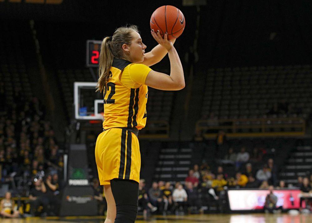 Iowa Hawkeyes guard Kathleen Doyle (22) puts up a shot during the fourth quarter of their game at Carver-Hawkeye Arena in Iowa City on Thursday, January 23, 2020. (Stephen Mally/hawkeyesports.com)