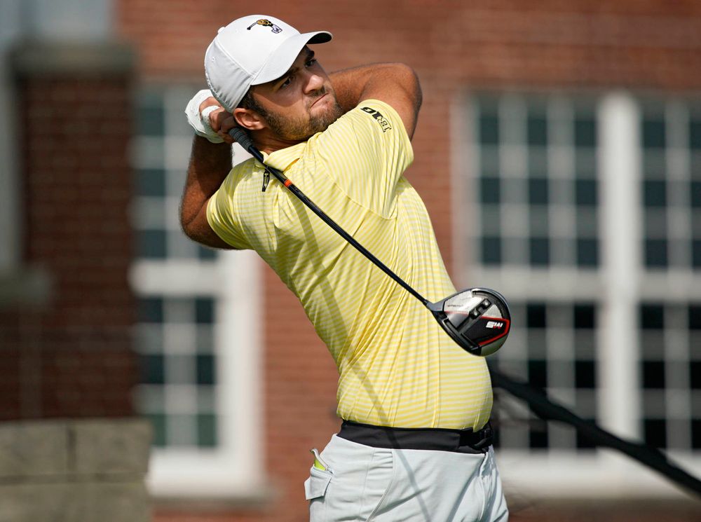 Iowa’s Gonzalo Leal tees off during the third day of the Golfweek Conference Challenge at the Cedar Rapids Country Club in Cedar Rapids on Tuesday, Sep 17, 2019. (Stephen Mally/hawkeyesports.com)