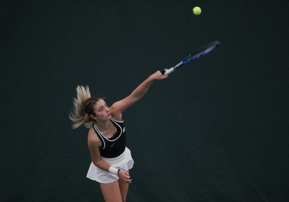 Iowa's Sophie Clark during a doubles match against North Texas Sunday, January 20, 2019 at the Hawkeye Tennis and Recreation Center. (Brian Ray/hawkeyesports.com)