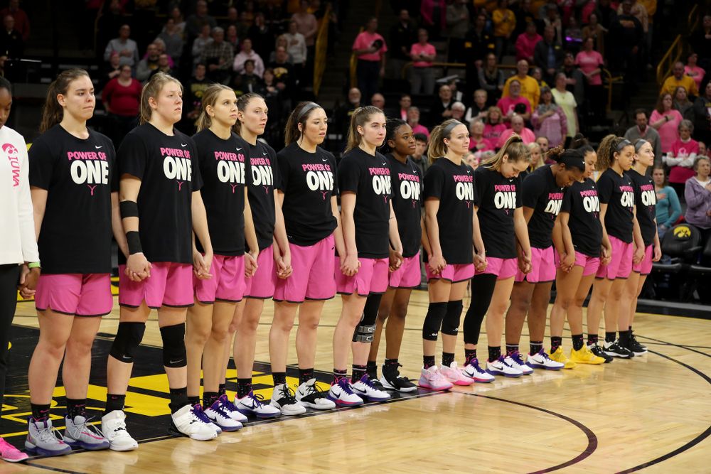 The Iowa Hawkeyes line up before their game against the Wisconsin Badgers Sunday, February 16, 2020 at Carver-Hawkeye Arena. (Brian Ray/hawkeyesports.com)