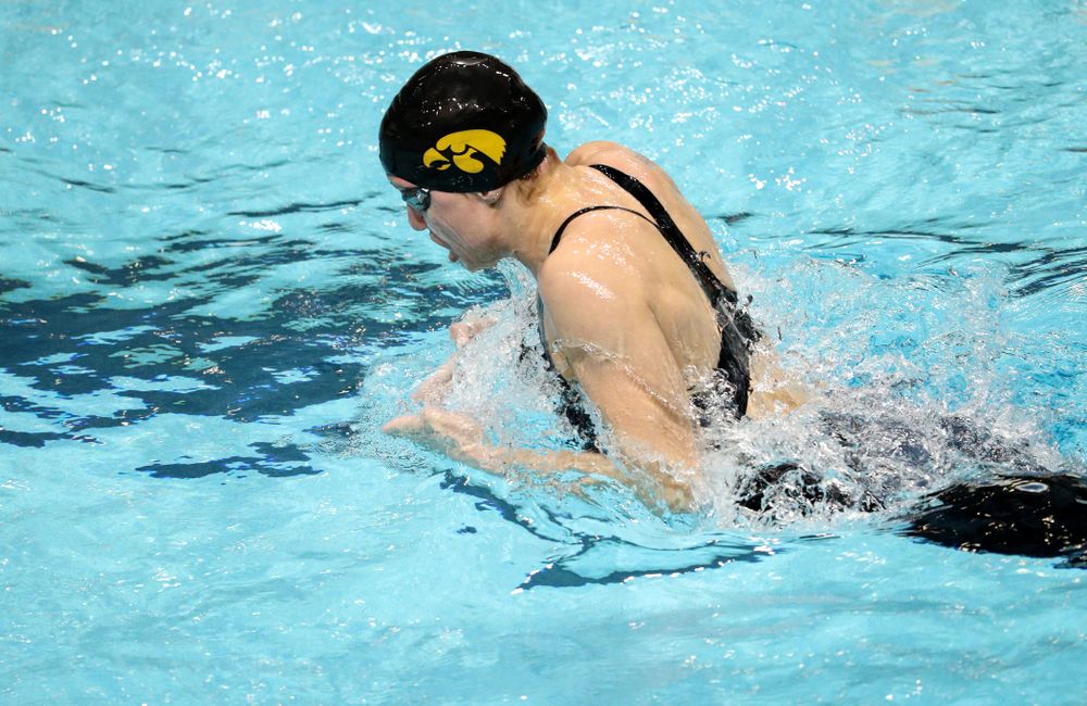 Iowa's Sage Ohlensehlen swims the breaststroke leg of the 200-yard medley relay against the Iowa State Cyclones in the Iowa Corn Cy-Hawk Series Friday, December 7, 2018 at at the Campus Recreation and Wellness Center. (Brian Ray/hawkeyesports.com)