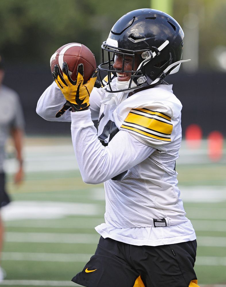Iowa Hawkeyes defensive back Terry Roberts (16) pulls in a pass as they run a drill during Fall Camp Practice No. 13 at the Hansen Football Performance Center in Iowa City on Friday, Aug 16, 2019. (Stephen Mally/hawkeyesports.com)