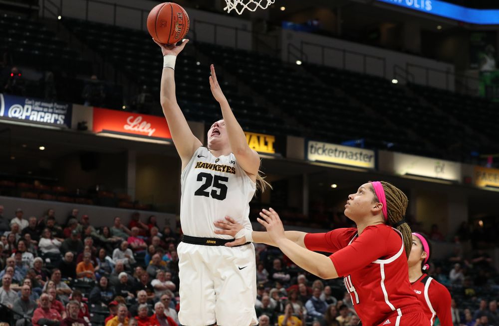 Iowa Hawkeyes center Monika Czinano (25) against the Rutgers Scarlet Knights in the semi-finals of the Big Ten Tournament Saturday, March 9, 2019 at Bankers Life Fieldhouse in Indianapolis, Ind. (Brian Ray/hawkeyesports.com)