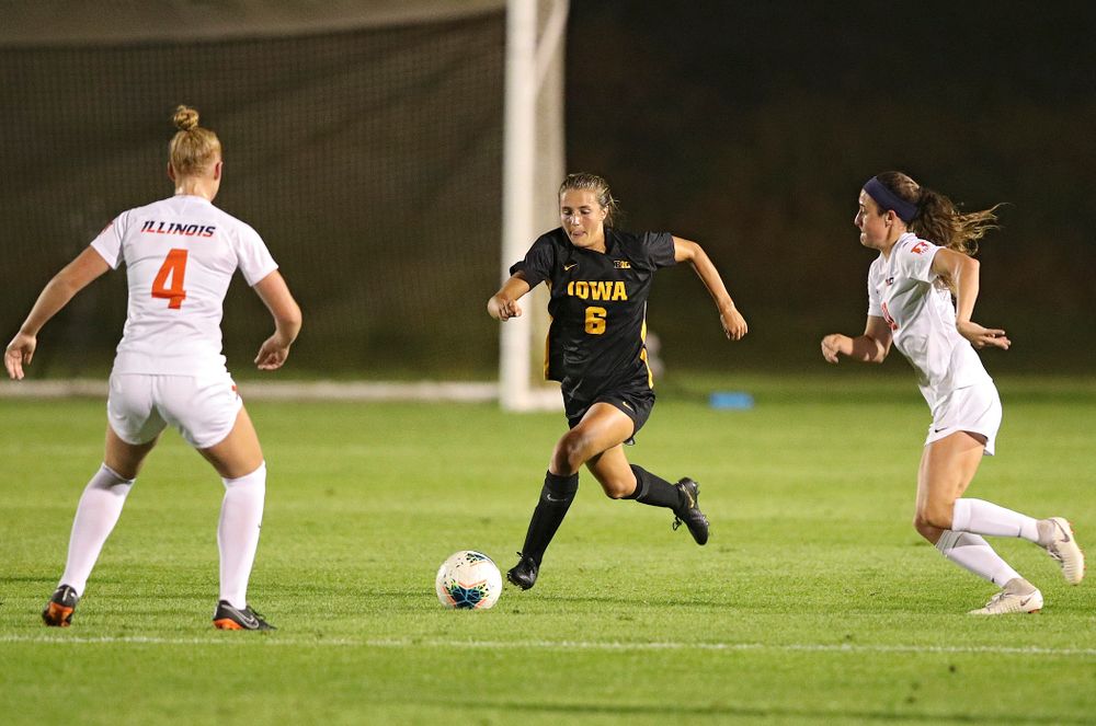 Iowa midfielder Isabella Blackman (6) moves with the ball during the first half of their match against Illinois at the Iowa Soccer Complex in Iowa City on Thursday, Sep 26, 2019. (Stephen Mally/hawkeyesports.com)