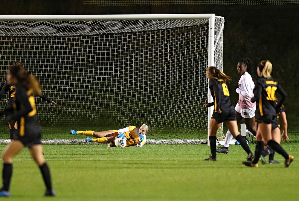 Iowa goalkeeper Claire Graves (1) grabs a shot during the second half of their match at the Iowa Soccer Complex in Iowa City on Friday, Oct 11, 2019. (Stephen Mally/hawkeyesports.com)