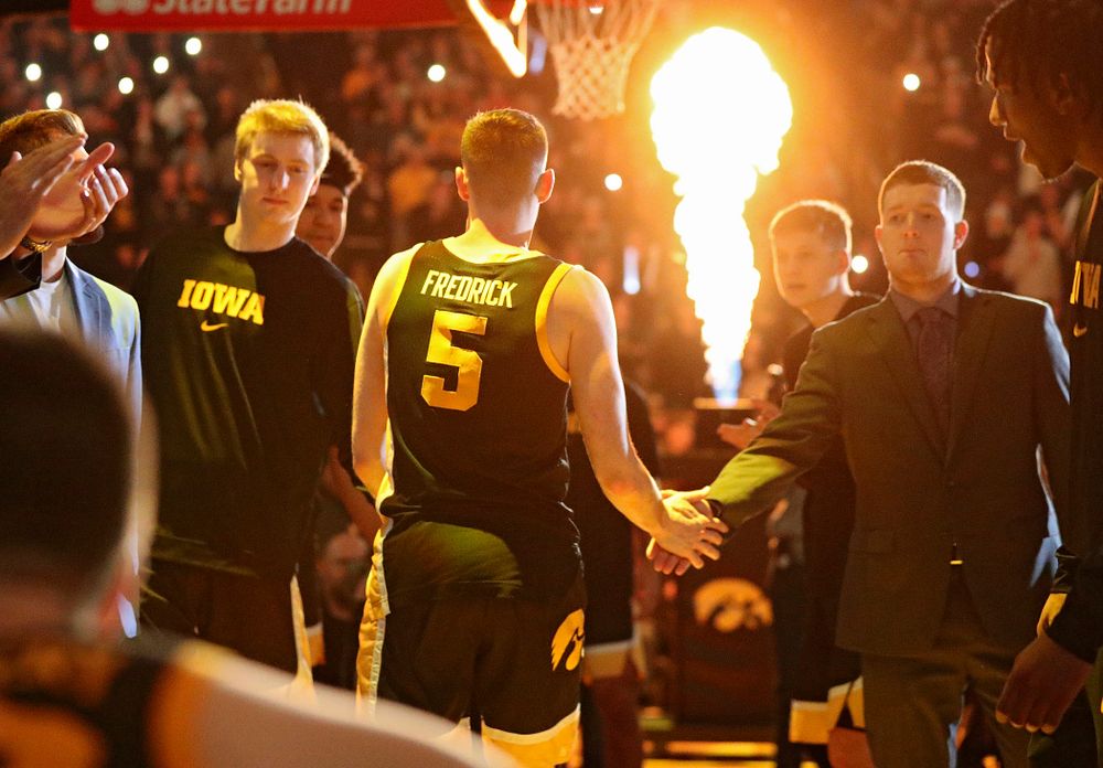 Iowa Hawkeyes guard CJ Fredrick (5) is introduced before their game at Carver-Hawkeye Arena in Iowa City on Monday, January 27, 2020. (Stephen Mally/hawkeyesports.com)