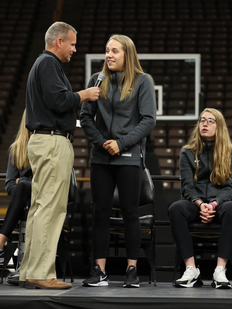 Iowa WomenÕs Basketball radio announcer Rob Books and guard Kathleen Doyle (22) during the teamÕs Celebr-Eight event Wednesday, April 24, 2019 at Carver-Hawkeye Arena. (Brian Ray/hawkeyesports.com)