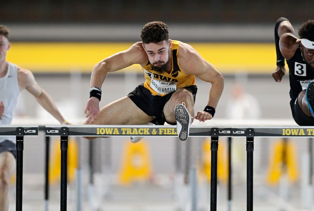 Iowa’s Josh Braverman runs the men’s 60 meter hurdles event at the Black and Gold Invite at the Recreation Building in Iowa City on Saturday, February 1, 2020. (Stephen Mally/hawkeyesports.com)