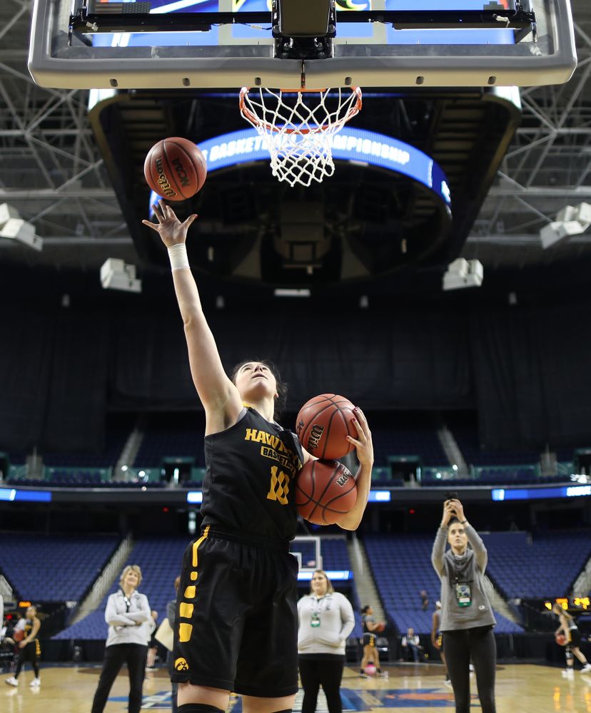 Iowa Hawkeyes forward Megan Gustafson (10) does the three ball Mikan Drill the ESPN Crew following practice for their Sweet 16 matchup against NC State Friday, March 29, 2019 at the Greensboro Coliseum in Greensboro, NC.(Brian Ray/hawkeyesports.com)